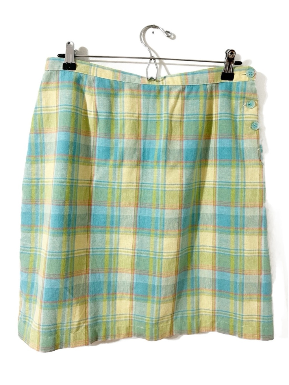 Christopher & Banks Pastel Plaid Linen Blend A-Line Skirt SZ 8 Yellow Blue Green